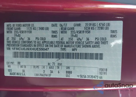 2017 Ford Escape Titanium from USA, damaged, VIN 1FMCU0J9XHUE55047